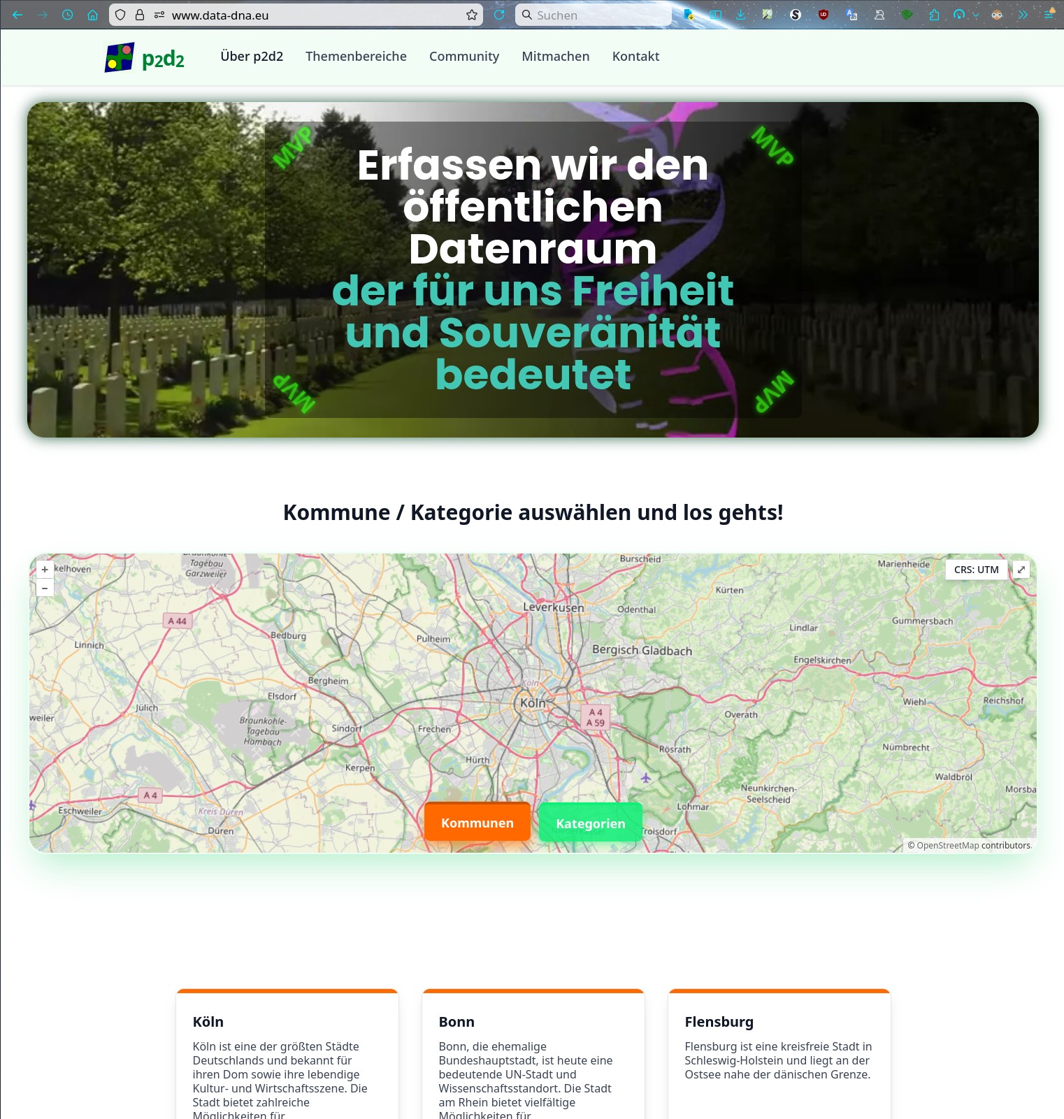 Screenshot der p2d2-Startseite